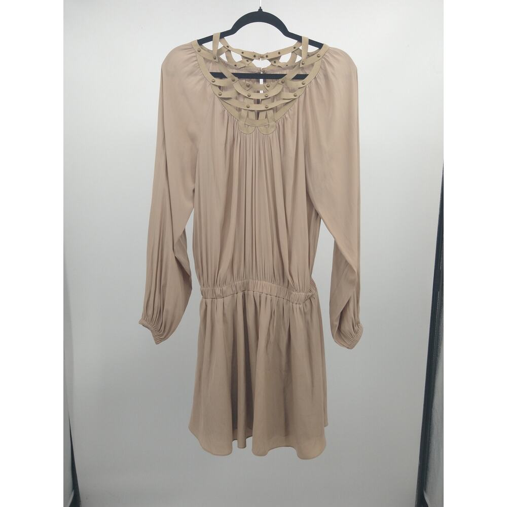 Ramy Brook Mini Dress M Suede Lattice Cutout Studded Neck Long Sleeve Beige